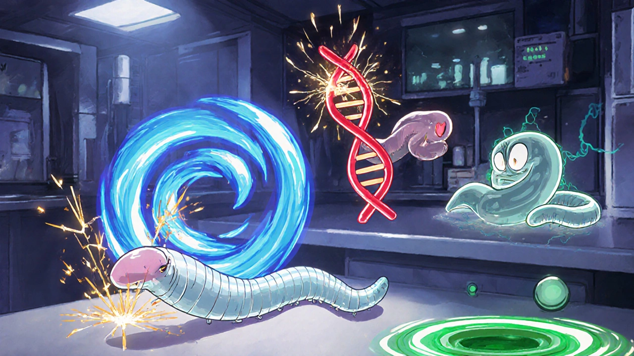 Animated lab shows schistosome worm affected by visual effects representing different drugs.