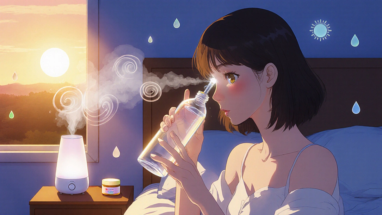 Anime scene of a woman drinking water, using a humidifier, applying sunscreen and lip balm at sunrise.