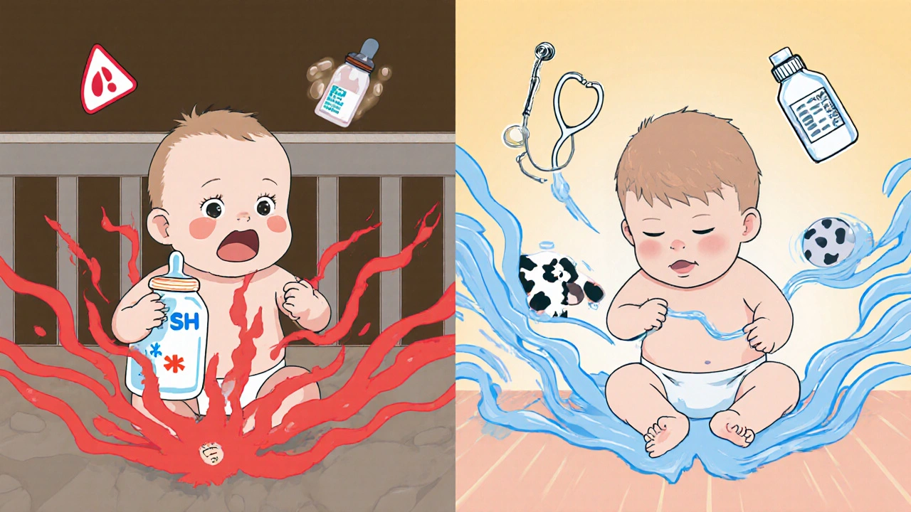 Baby on soy formula with high TSH levels vs. same baby on cow’s milk with normal levels, anime split scene.