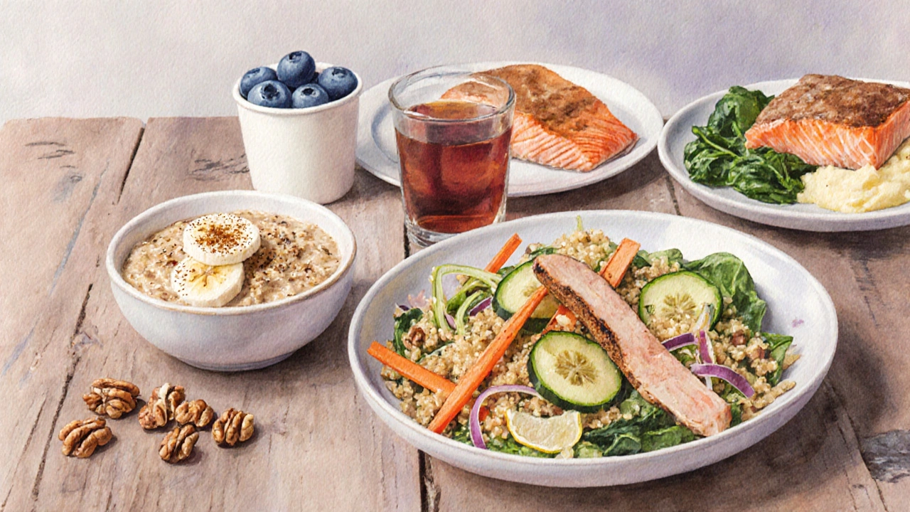 Balanced meal spread with oats, banana, walnuts, tea, quinoa salad, kefir, salmon, sweet potato, and spinach.