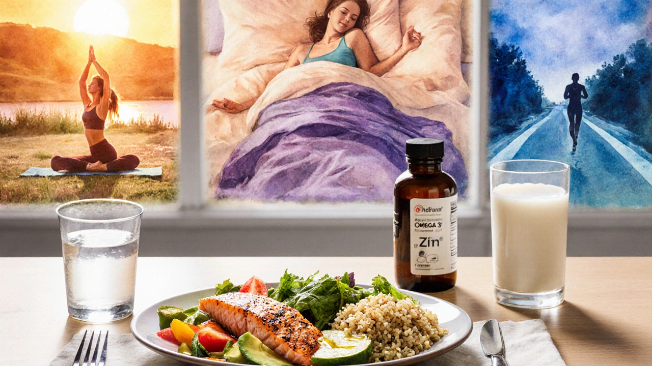 Balanced meal, supplements, yoga, sleep, and exercise illustrated in watercolor collage.