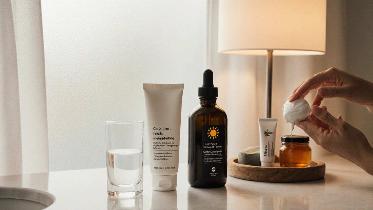 Bathroom vanity with cleanser, moisturizer, sunscreen, retinol and salicylic acid products.
