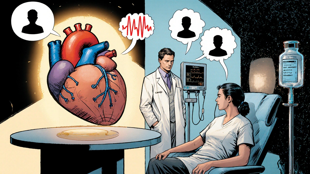 Cardiologist contemplating medication options beside a patient with a heart monitor in a comic‑book scene.