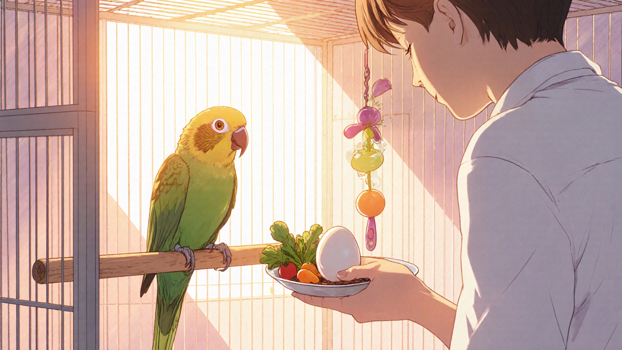 Caretaker providing warm cage, nutrition, and toys to a recovering bird.