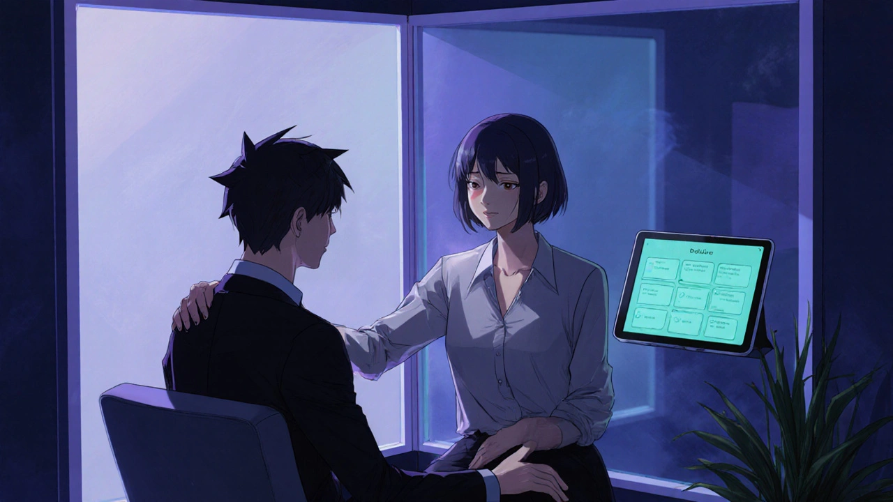 Counselor comforting an employee in a private wellness room.