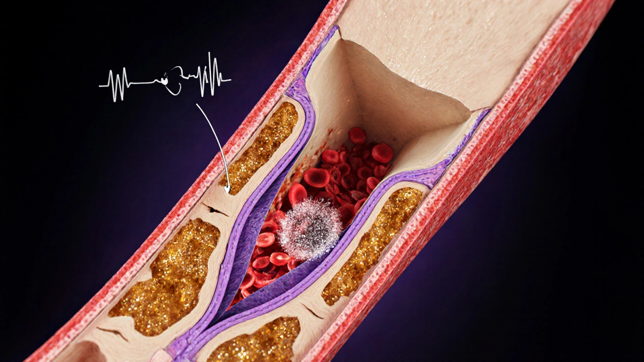 Cross‑section of a carotid artery showing plaque, glucose crystals, inflammation, and a tiny clot ready to block flow.