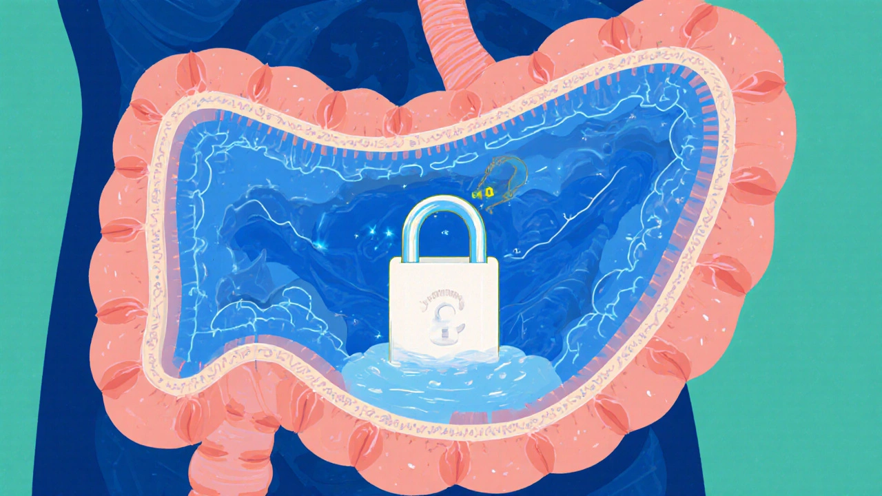 Cross‑section of stomach showing omeprazole blocking acid‑producing pumps.
