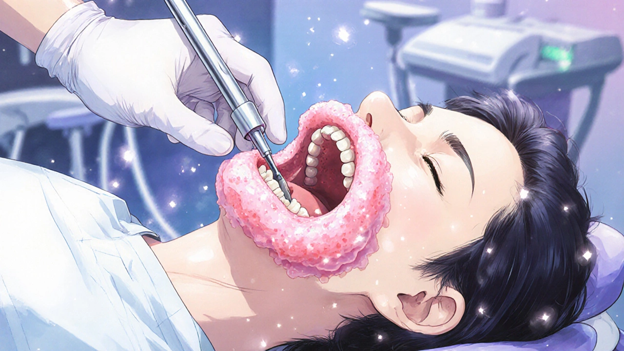 Dentist removing overgrown gum tissue with laser tool