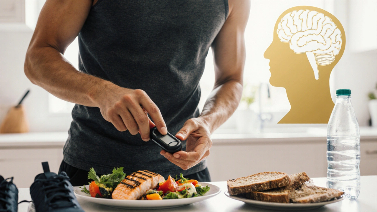 Diabetic adult checking glucose, surrounded by Mediterranean food, exercise gear, and a subtle healthy brain overlay.