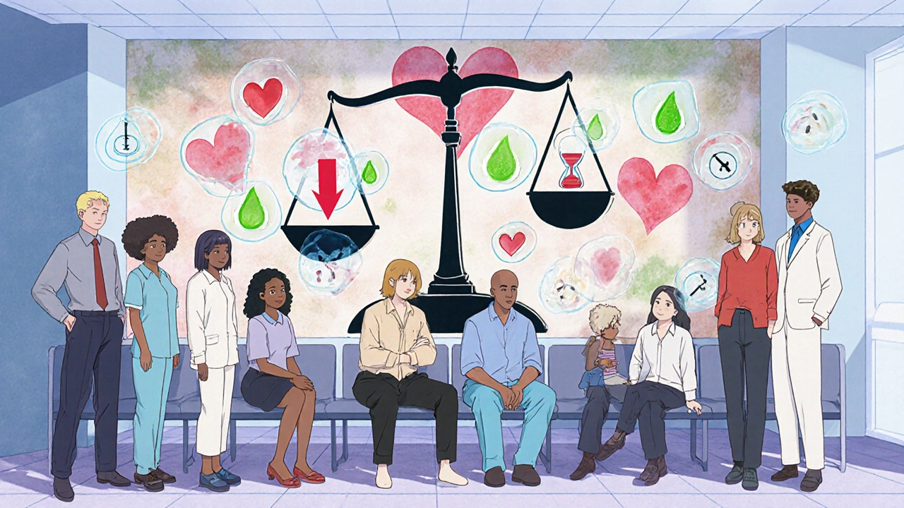 Diverse patients in clinic, some burdened by weight icons, others glowing with healthy metabolic symbols.