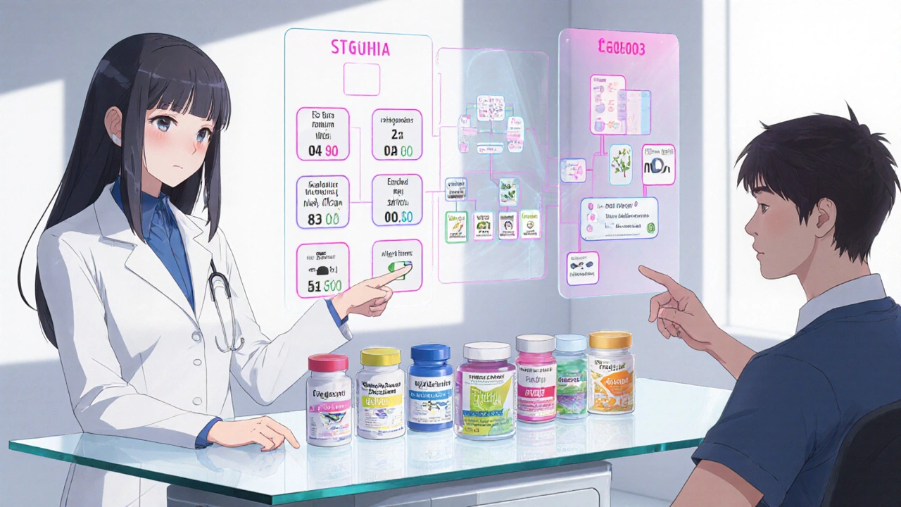 Doctor and patient examining assorted medication tablets with holographic data icons.
