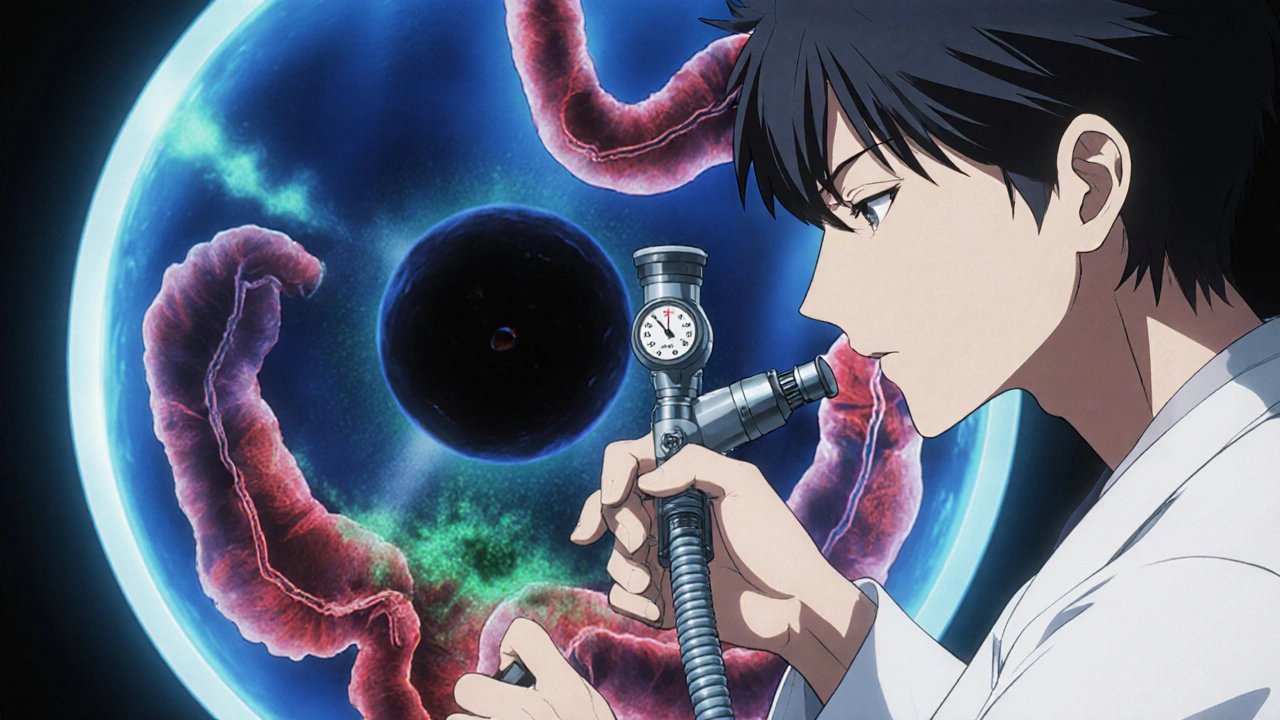 Doctor uses endoscope showing ulcer in stomach and inflamed esophagus.