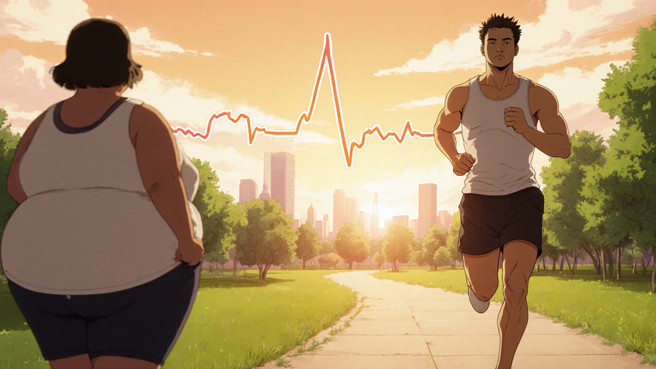 Fit jogger under sunrise with a smooth ECG line in the sky, symbolizing heart rhythm improvement after weight loss.