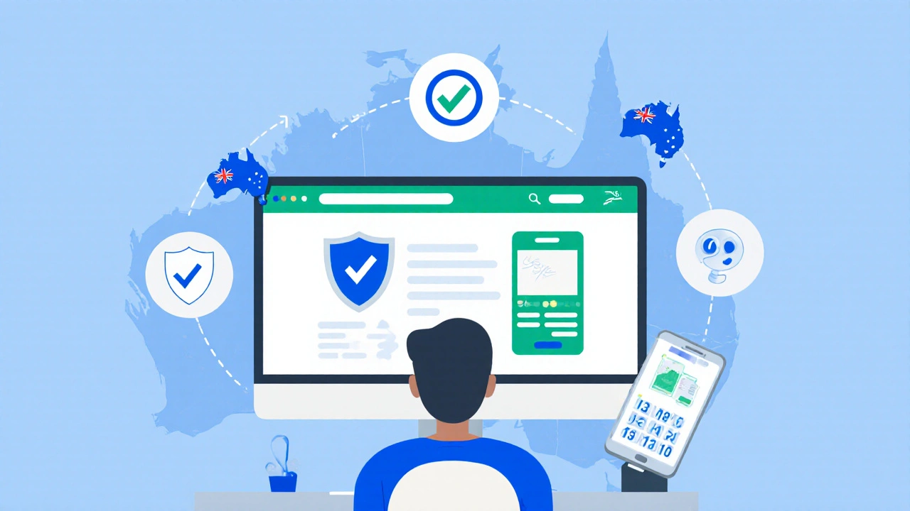 Flat illustration of a person checking an online pharmacy with security and Australian icons.