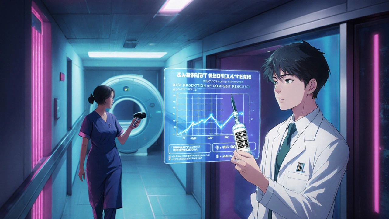 Futuristic hallway with AI risk prediction, barcode scanner, and patient heading to CT scanner.