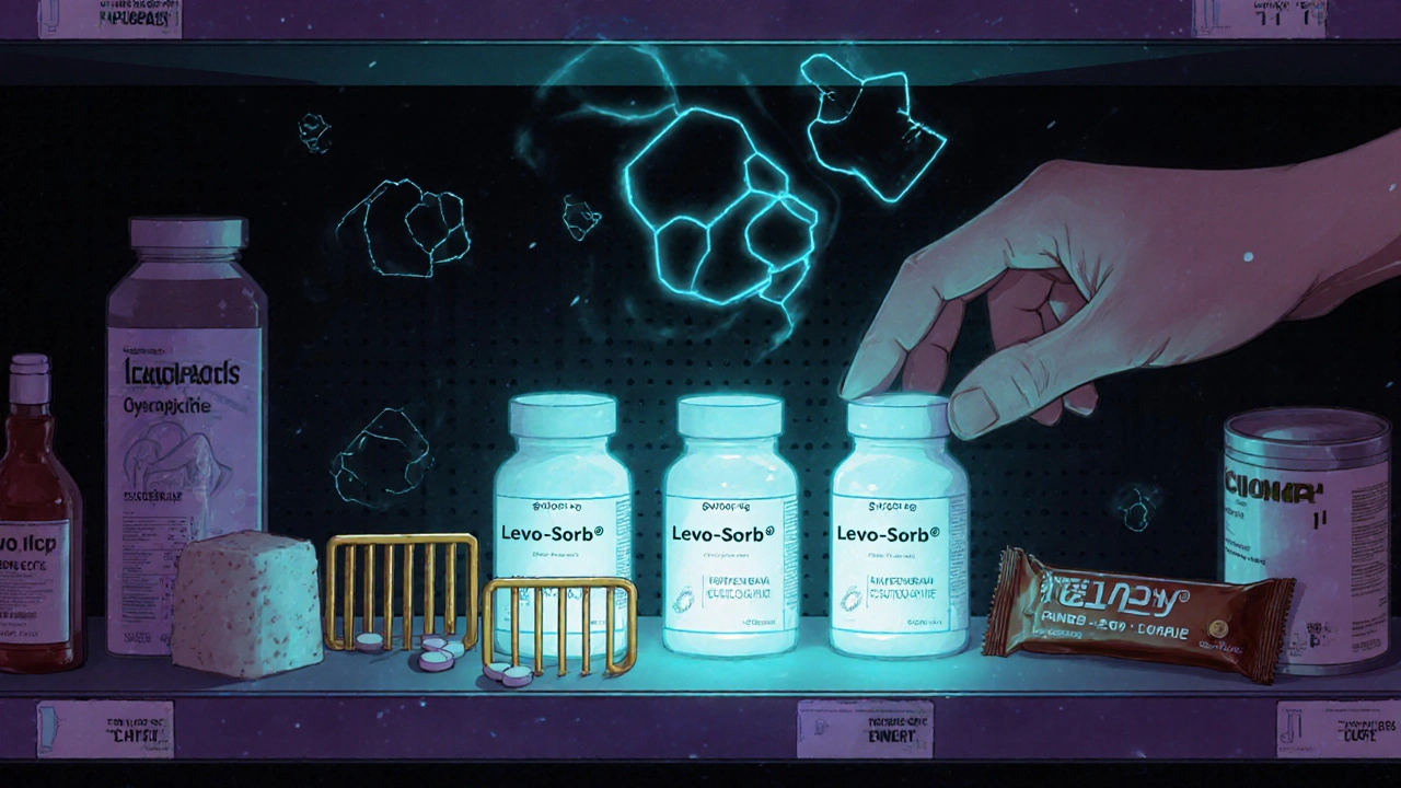 Futuristic pharmacy shelf with Levo-Sorb® glowing as soy products are blocked by molecular barriers.