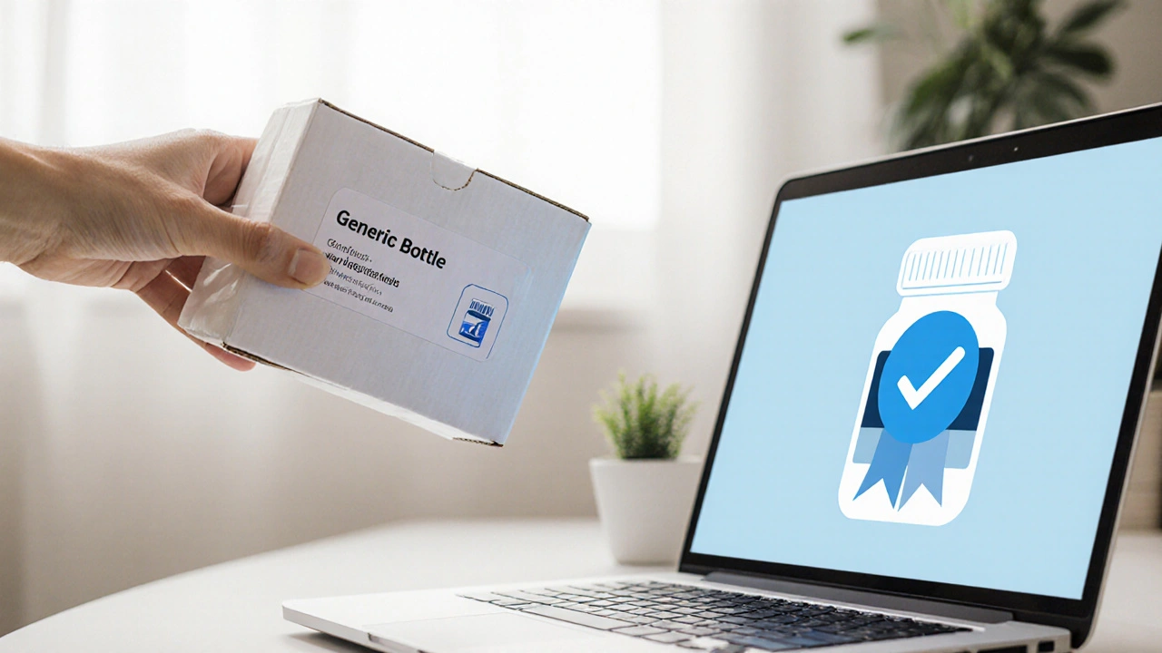 Hand holding a delivered box of generic pills beside a laptop showing verified pharmacy.