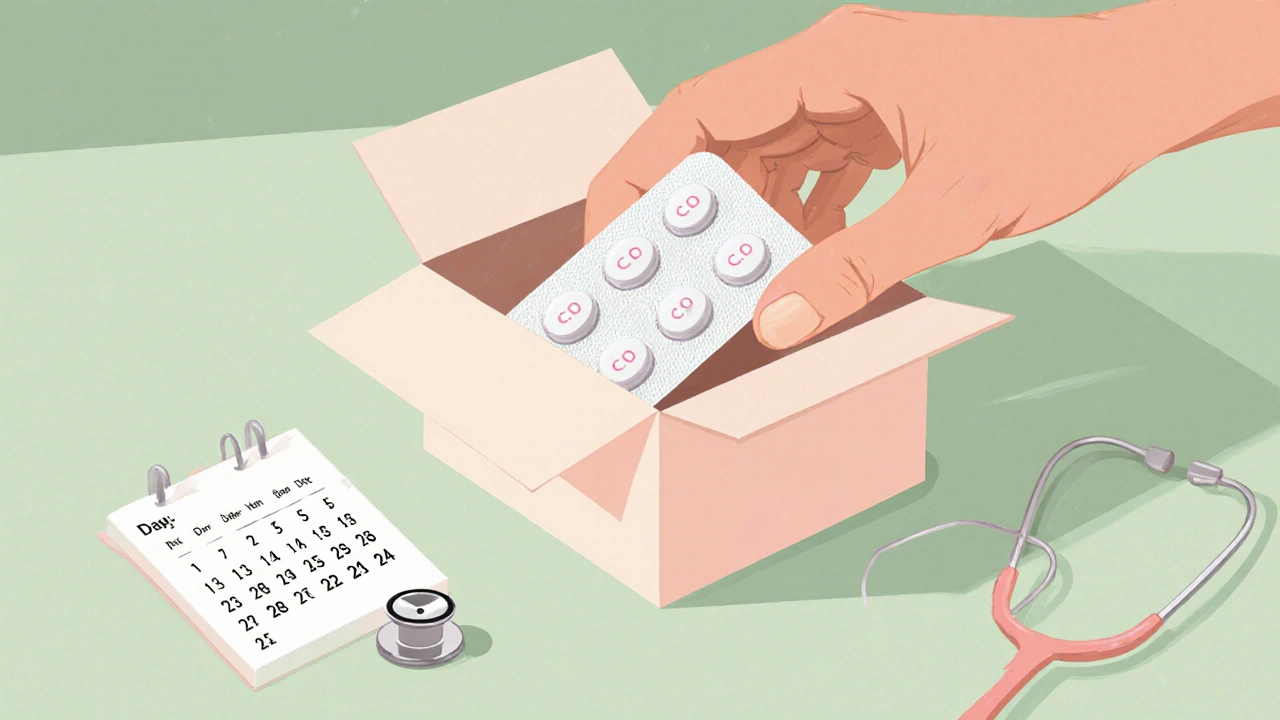 Hand opening a delivery box, revealing clomiphene tablets and a calendar marked for treatment days.