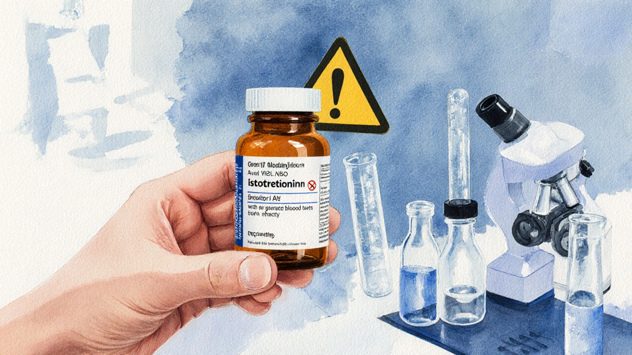 Hand with generic isotretinoin bottle beside lab test tubes and warning symbol.