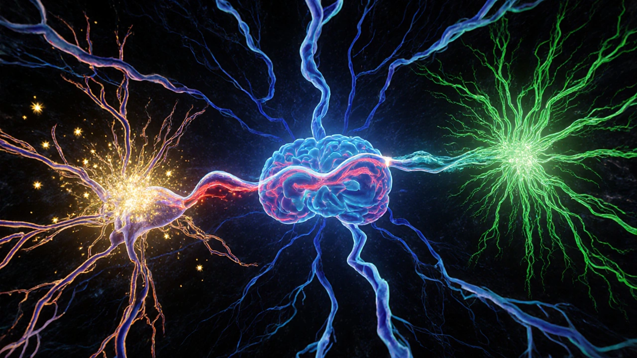 Inside view of brain showing three glowing pathways for serotonin, reduced inflammation, and BDNF support.