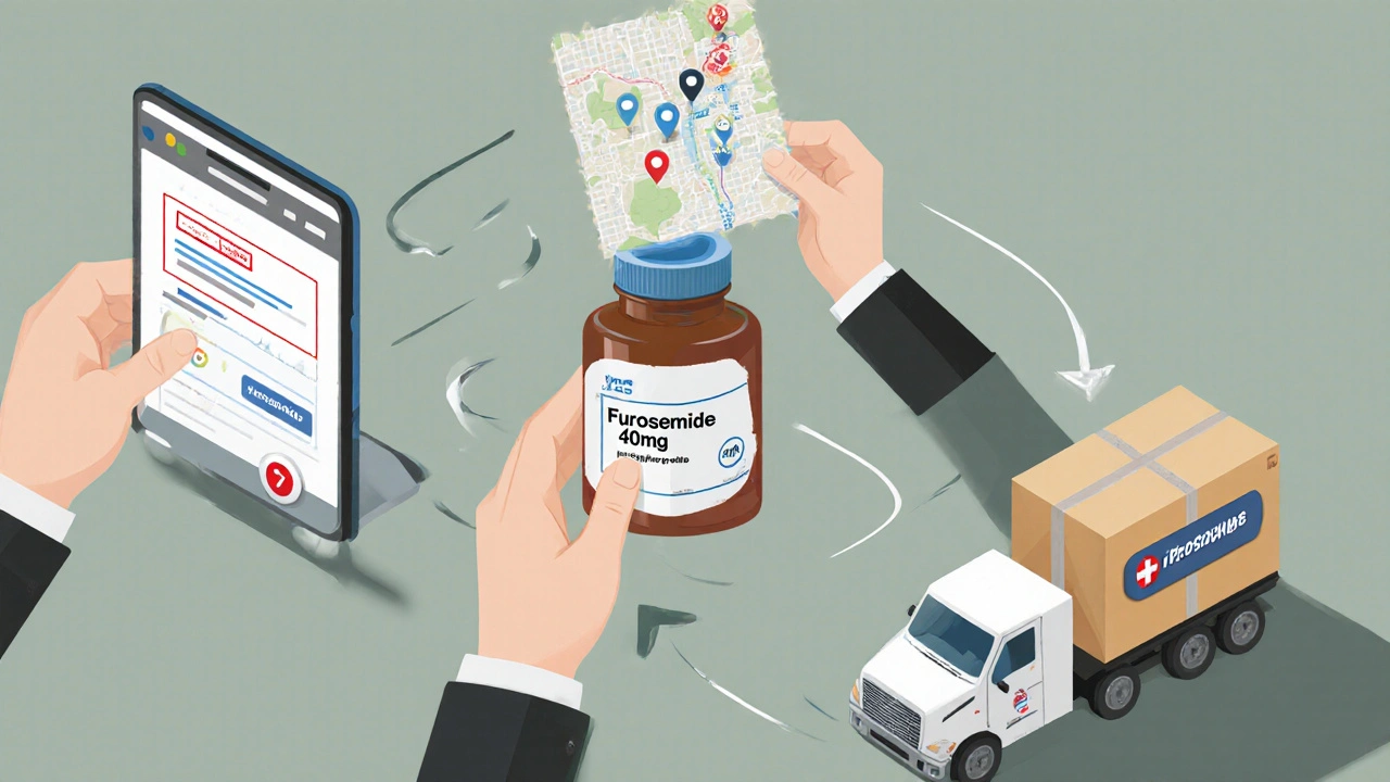 Isometric workflow showing uploading a prescription, verifying address, inspecting tablets, and shipping parcel.