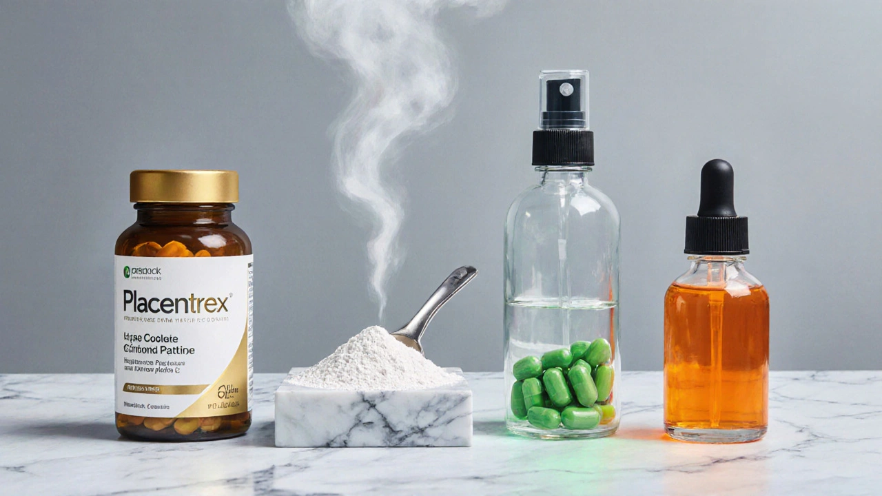 Lab countertop showing five supplement types with colored auras, no text visible.