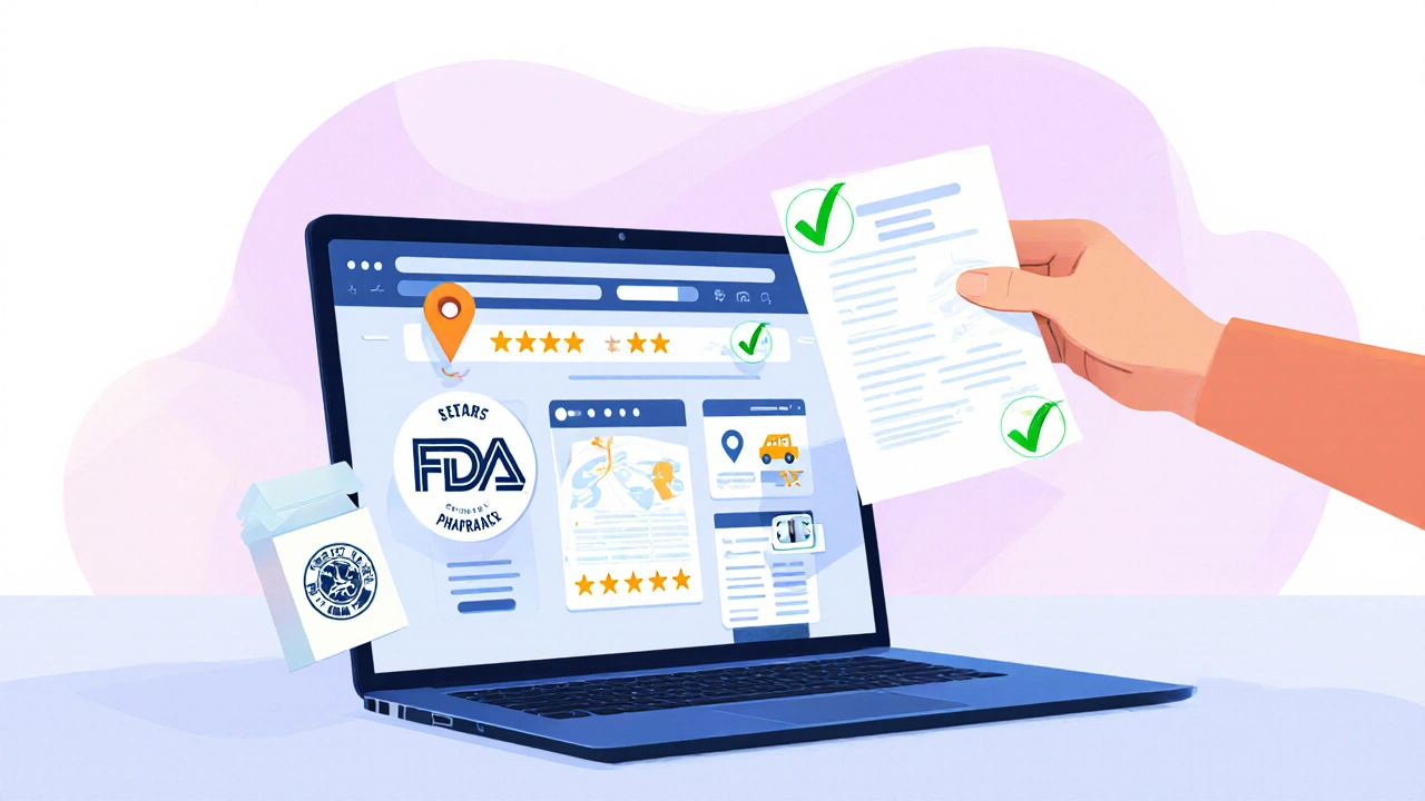 Laptop screen with pharmacy checklist icons and a prescription in hand.