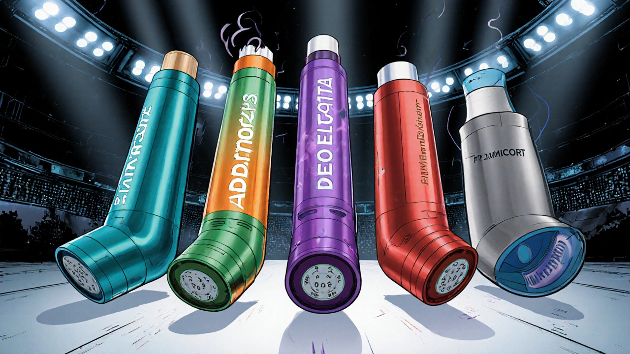 Lineup of five inhaler devices shown as competitors in a futuristic arena with bright colors and dynamic lighting.