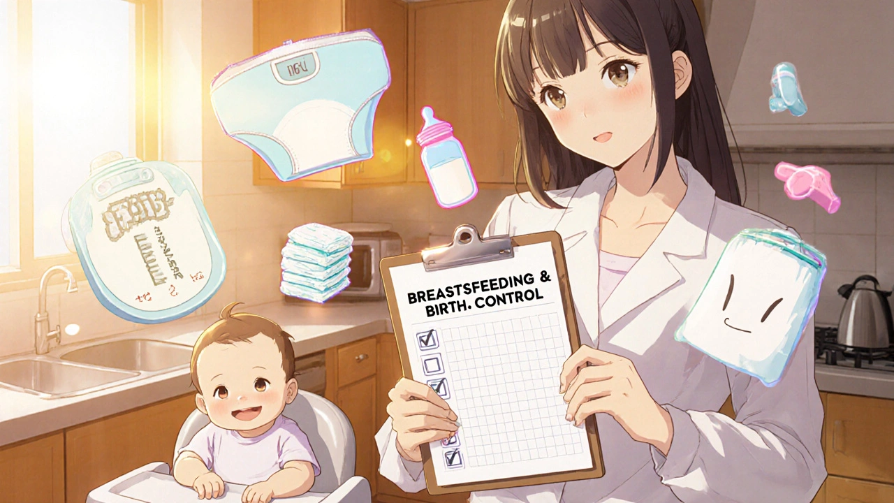 Mother checking a breastfeeding and birth‑control checklist while baby watches.
