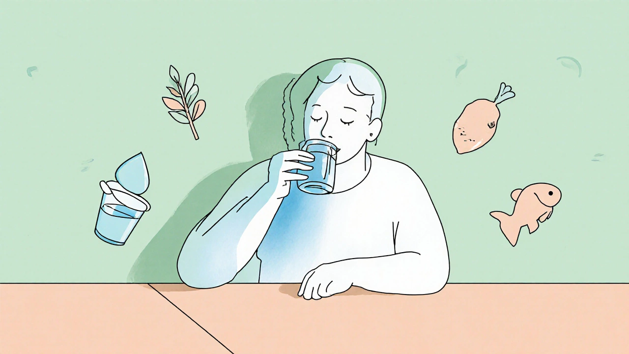 Person drinking ginger water, with soft icons for water, fiber, probiotics, and omega‑3 around a highlighted area.