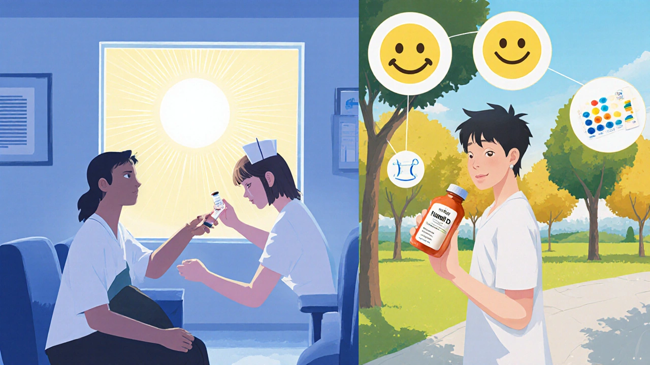 Person getting a blood test in clinic, then walking outside with vitamin D supplement, mood icons floating above.