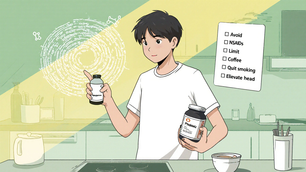 Person holds medication and checklist, showing healthy habits to treat ulcers and heartburn.