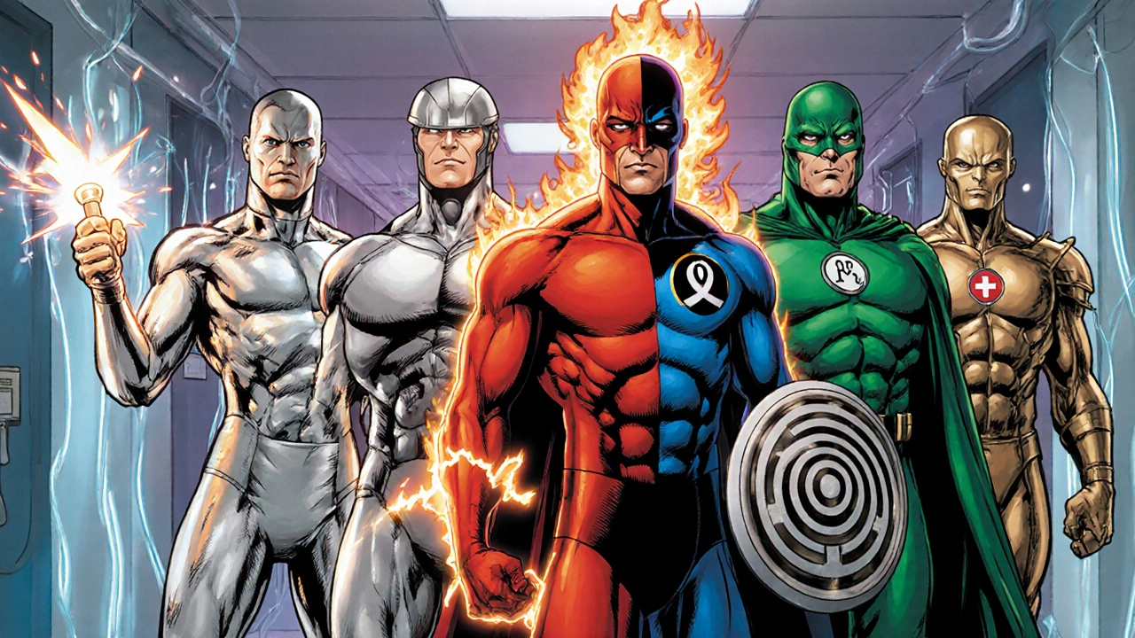 Six medication characters in comic poses representing milrinone, dobutamine, carvedilol, lisinopril, and spironolactone.