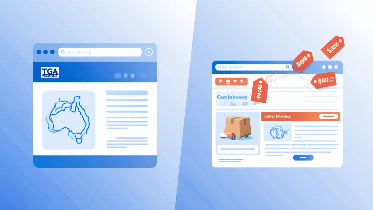 Split illustration comparing an Australian pharmacy site and an overseas low‑price pharmacy page.