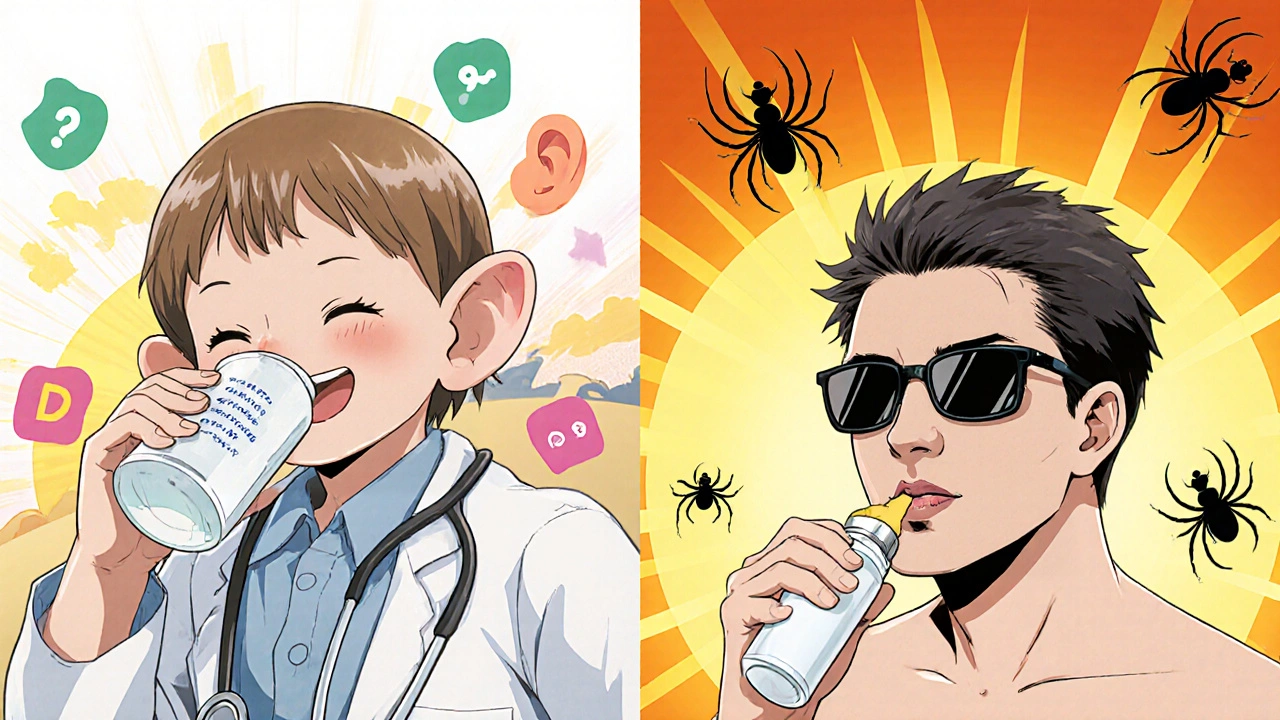 Split scene: child taking amoxicillin in sunlight, adult taking doxycycline under harsh sun with tick symbol.