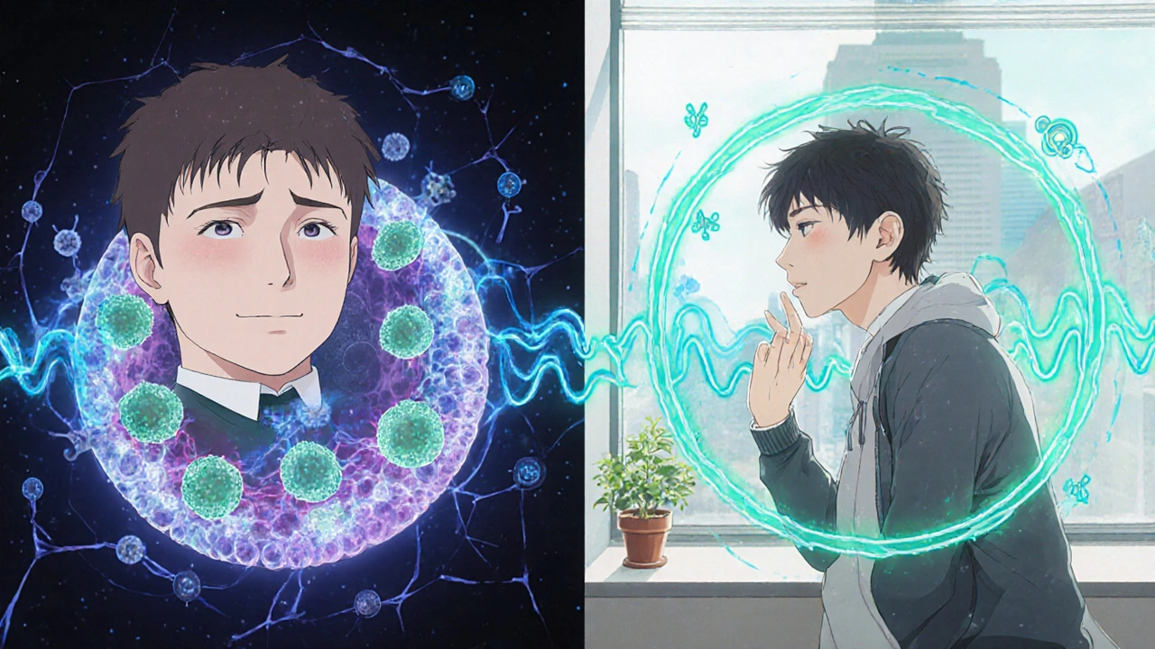 Split scene: one side shows fat storage from medication, the other shows balanced glucose with calming energy.