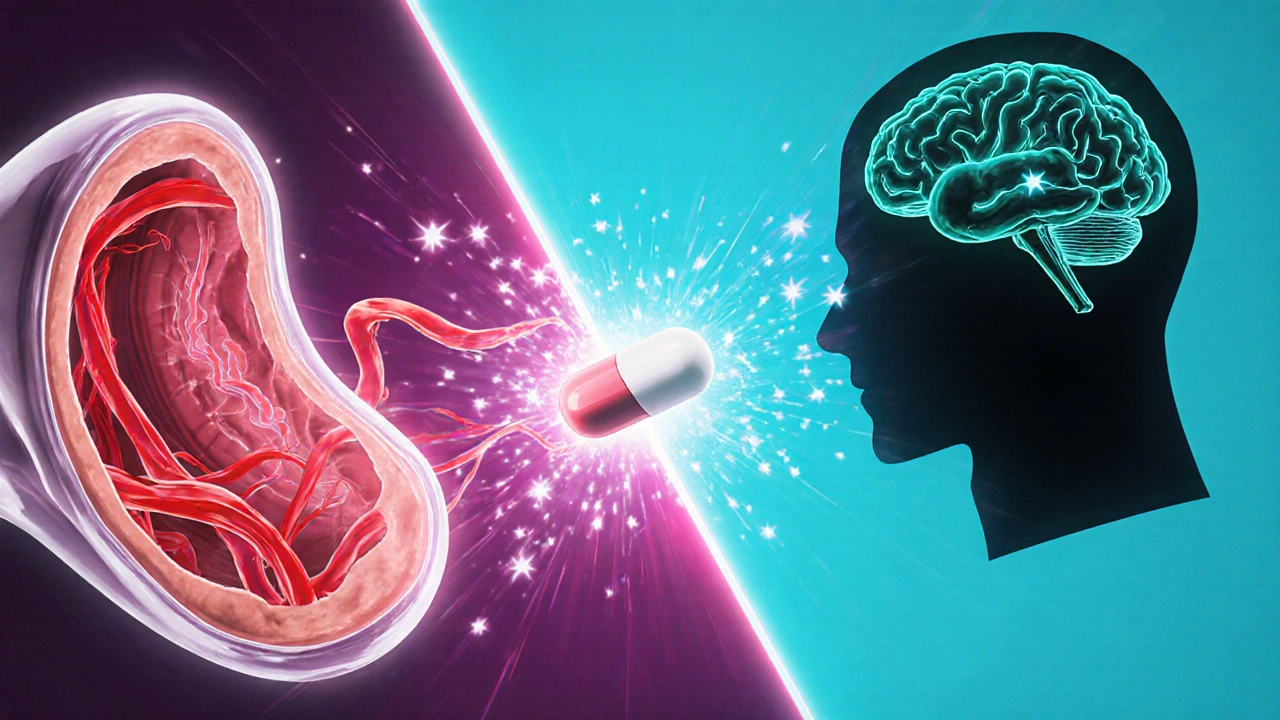Split view of expanded blood vessels and brain serotonin particles linked by a dissolving tablet.