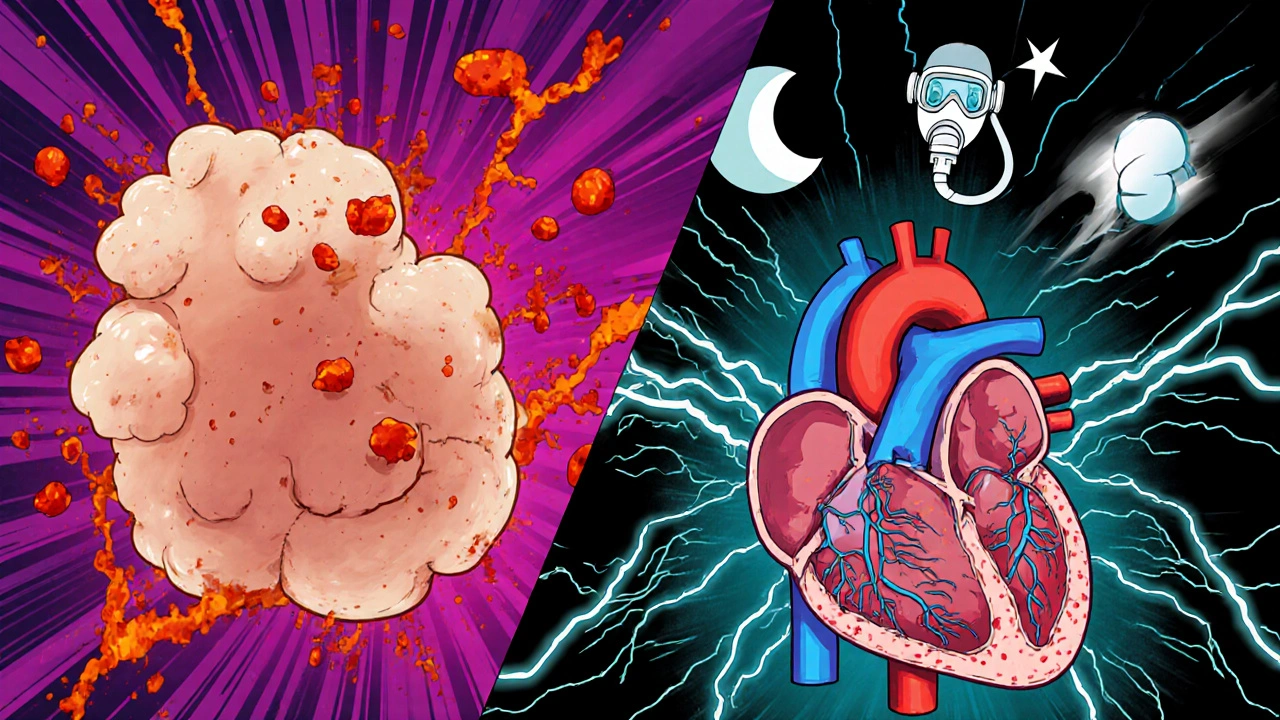 Split view of inflamed fat cells, nerves, sleep apnea mask, and an enlarged heart showing arrhythmia mechanisms.