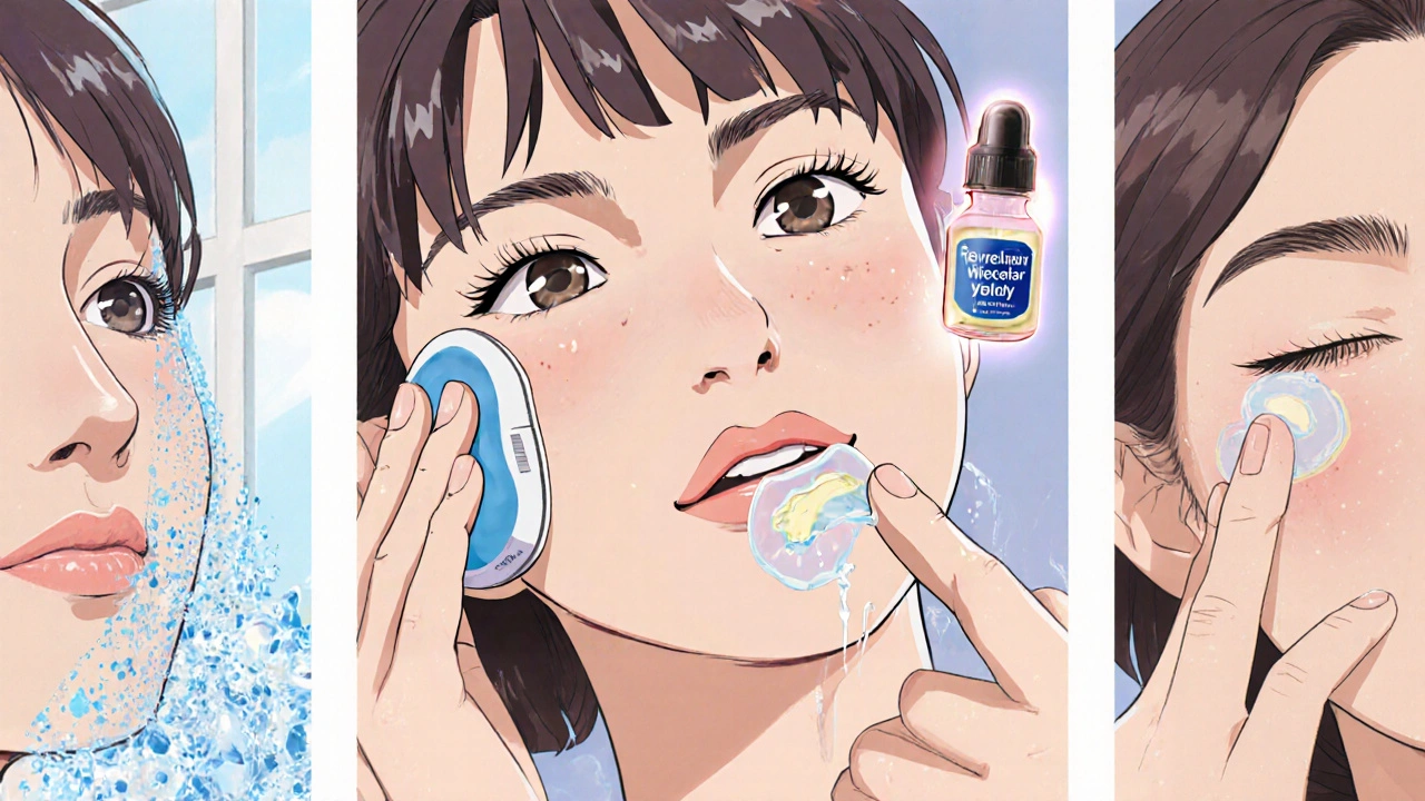 Three‑panel anime sequence showing a woman cleansing, applying petroleum jelly and eye cream, then sealing with lanolin balm.