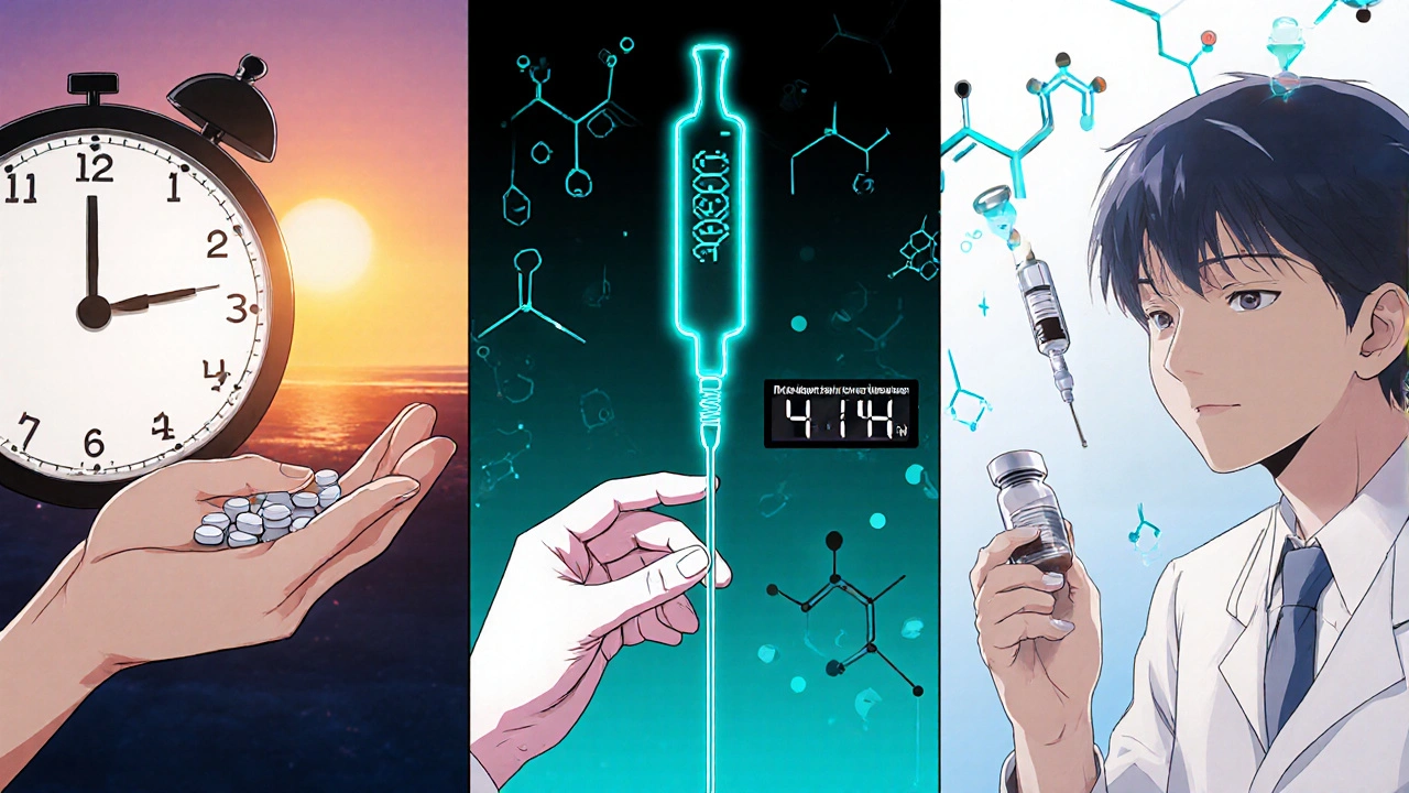 Three panels showing oral prednisone timing, IV methylprednisolone, and chemo anti‑emetic triple therapy.
