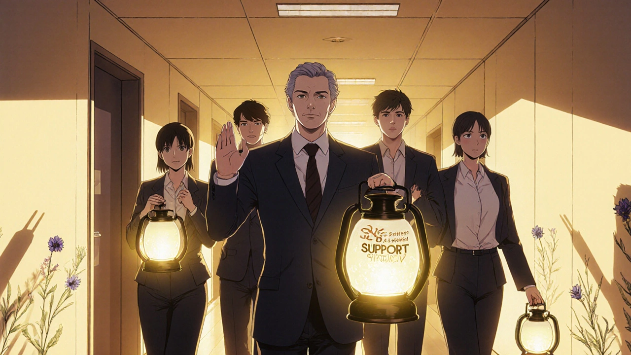 Workers walking together holding glowing lanterns in a bright hallway.