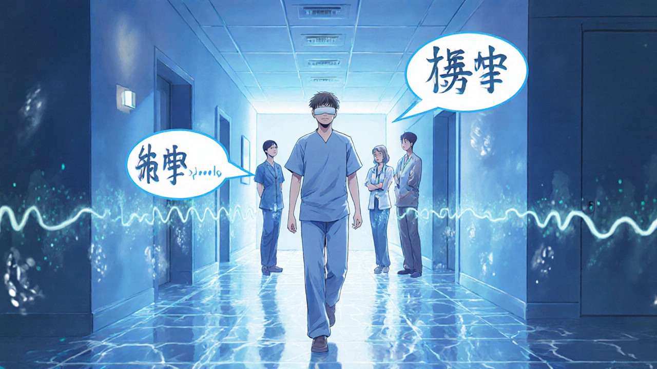 A blind patient navigating a hospital hallway guided by floating audio directions and Bluetooth beacons.