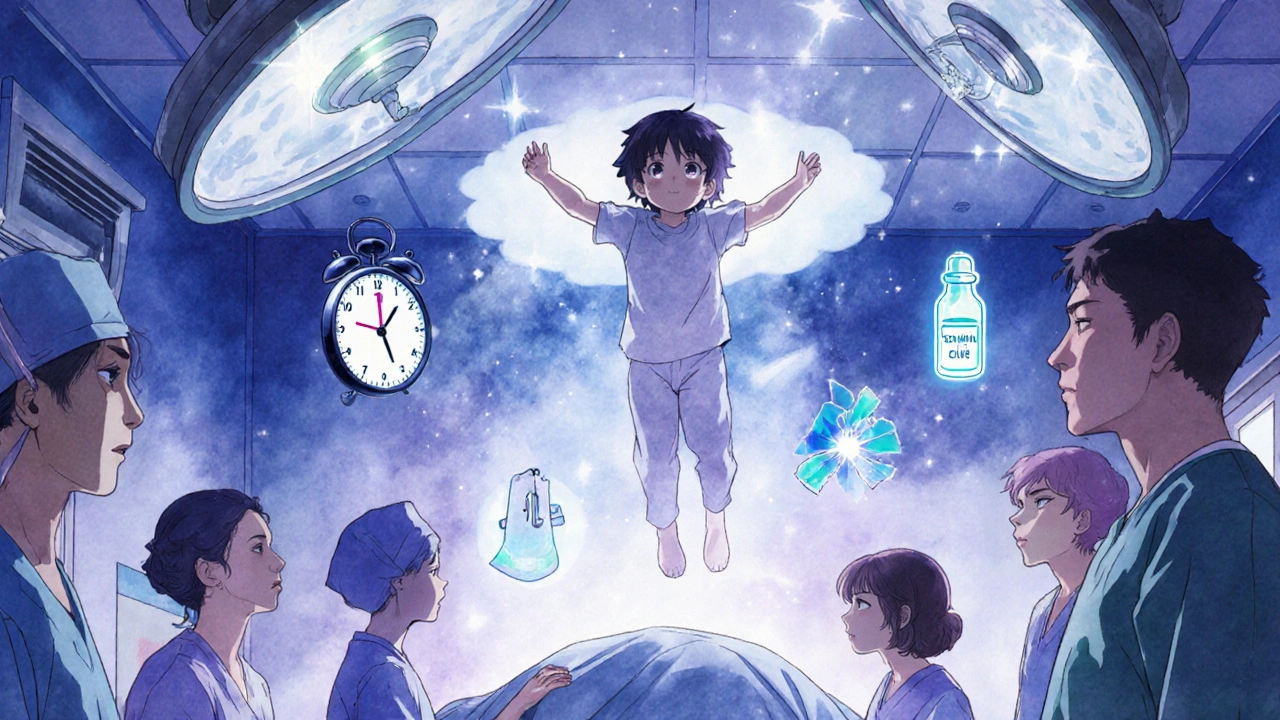 A child drifts peacefully in a dreamlike state surrounded by medical symbols as staff watch calmly.