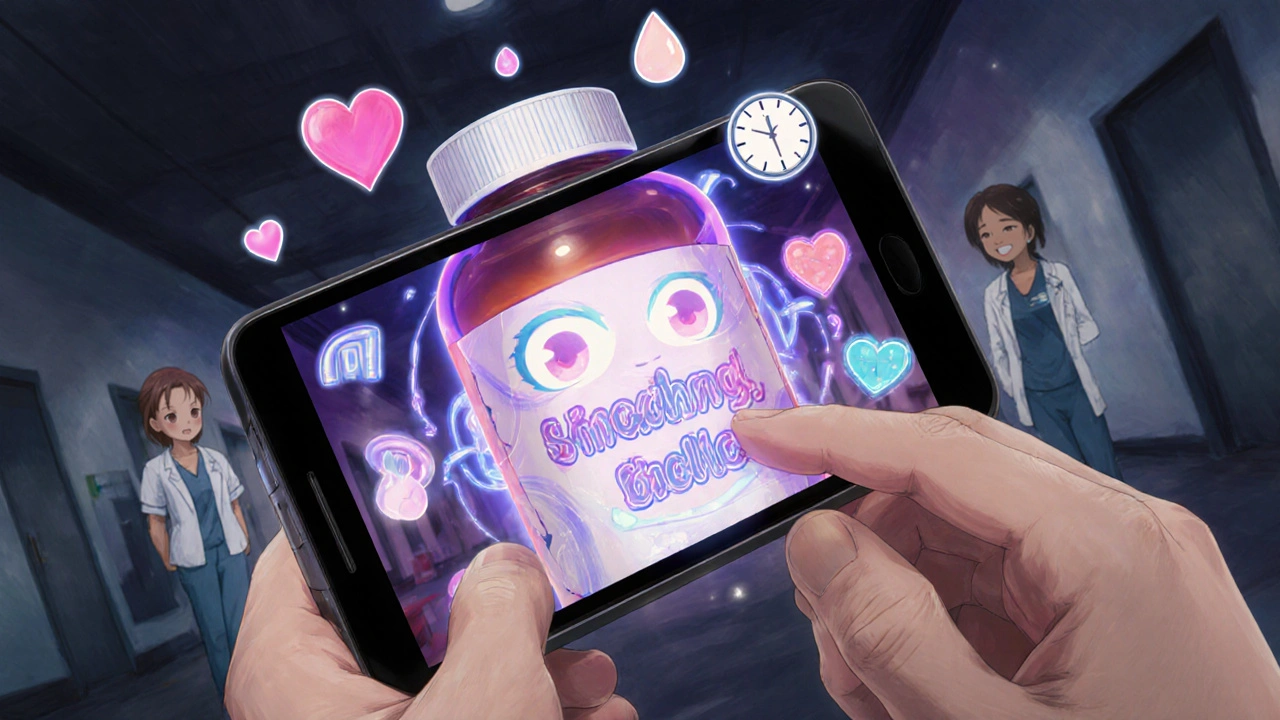 A device scanning a pill bottle, with an animated voice avatar reading the label in glowing, floating text.