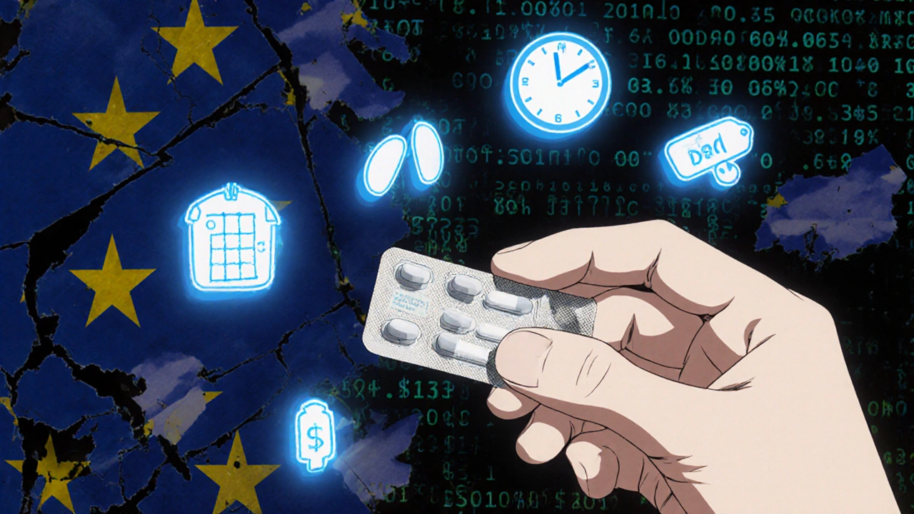 A generic metformin tablet surrounded by floating evaluation icons representing quality, sustainability, and price weights.
