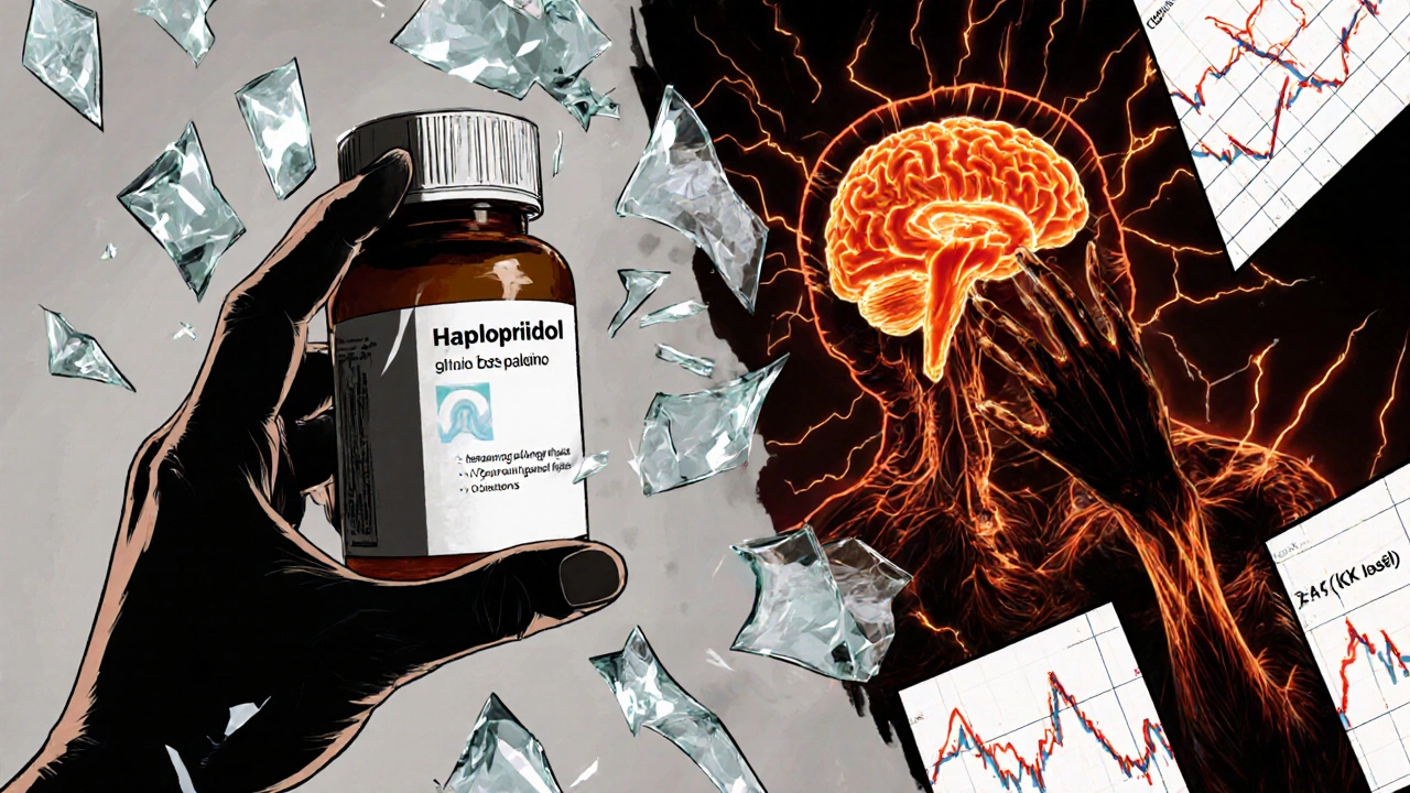 A hand holding a pill as dopamine molecules shatter and muscles break in abstract digital chaos.