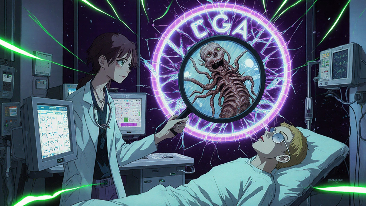 A patient in a hospital with a pill revealing a toxic creature inside, under a shattering TGA seal.