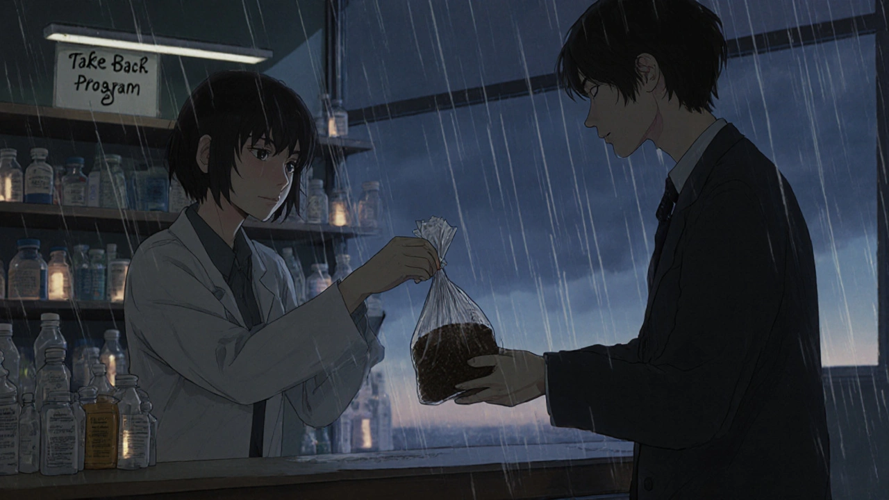 A person returning old medications to a pharmacist at a pharmacy counter during dusk.