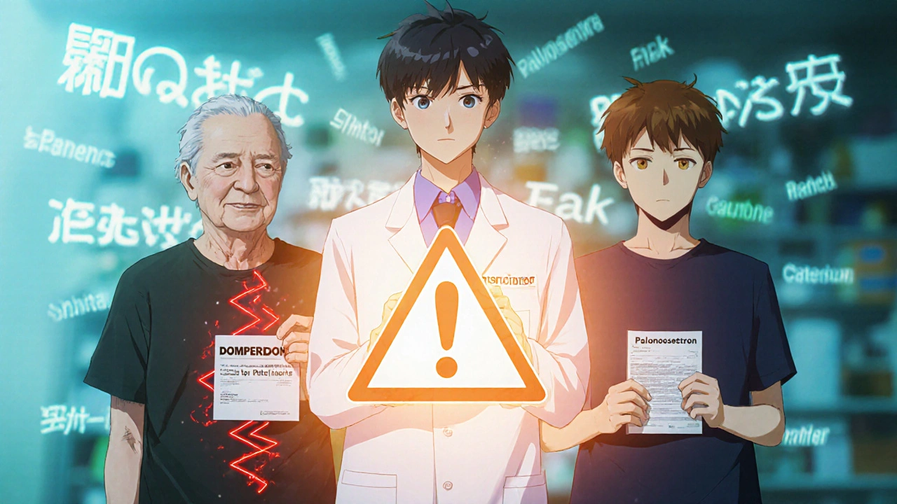 A pharmacist between two patients, one at risk of heart rhythm issues, the other safe, with floating drug names and warning symbols.