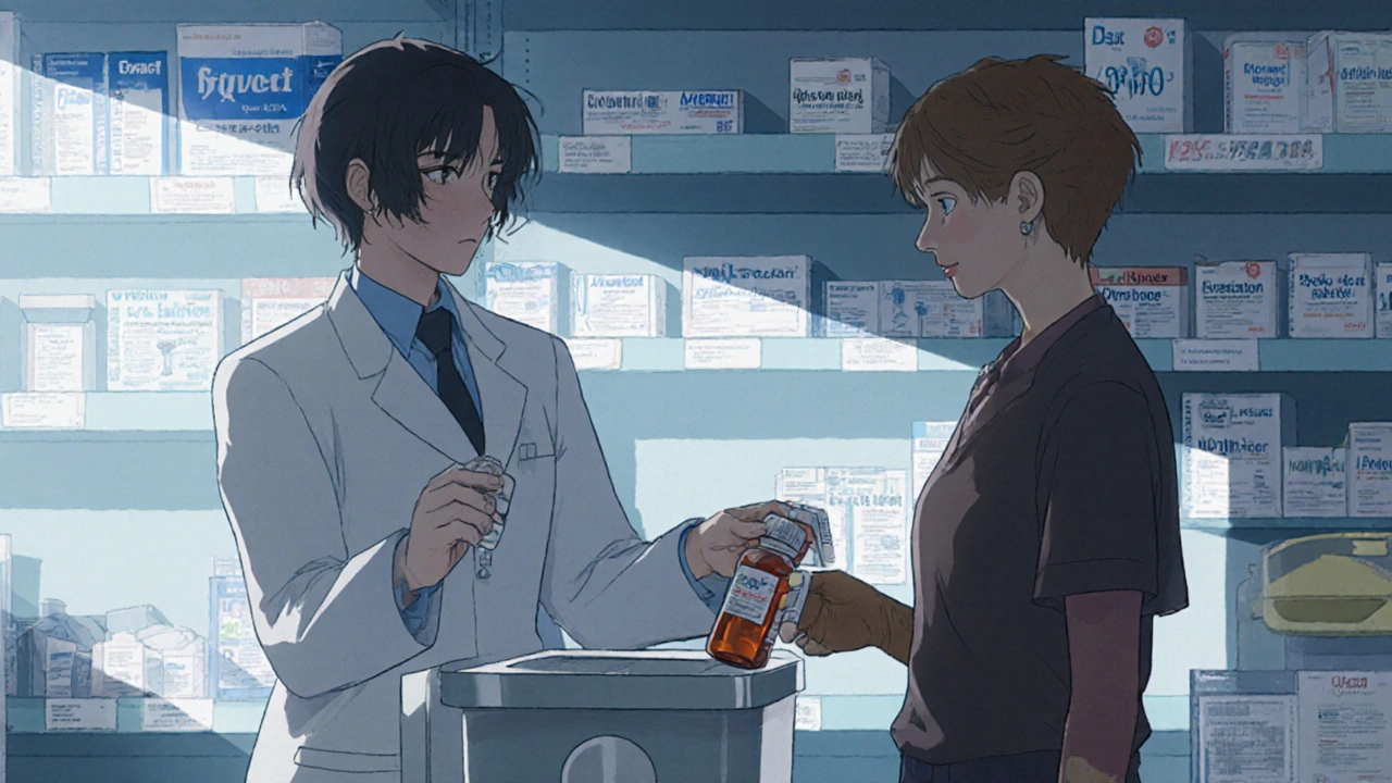 A pharmacist guides a patient to a medication disposal bin at a community pharmacy.